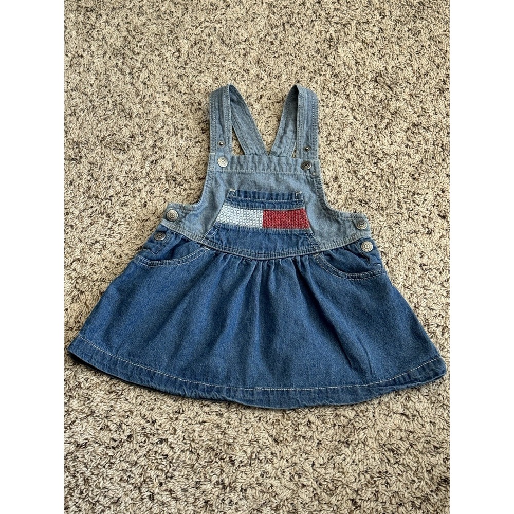 Tommy Hilfiger Flag Denim Overall Jumper Dress Baby Girls Y2K 24 Months